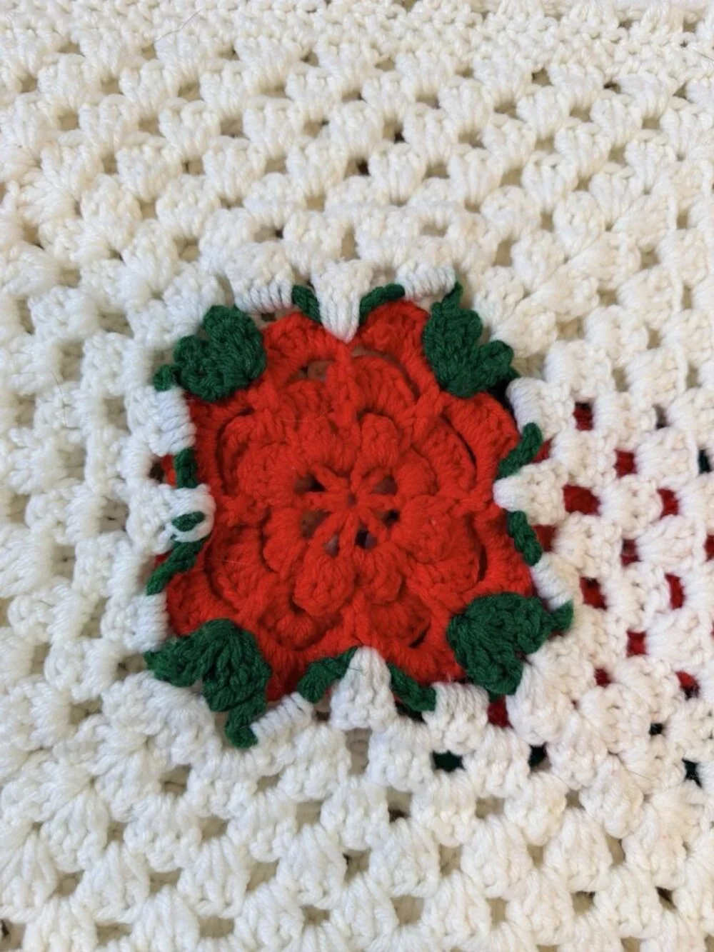 80X96 Crochet Granny Square Afghan Red Roses Hand Made White Background